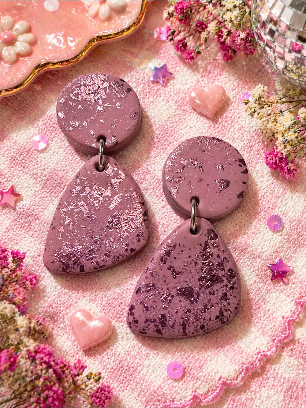 Handmade Mauve Speckled Drop Handmade Polymer Clay Earrings - Women Jewelry